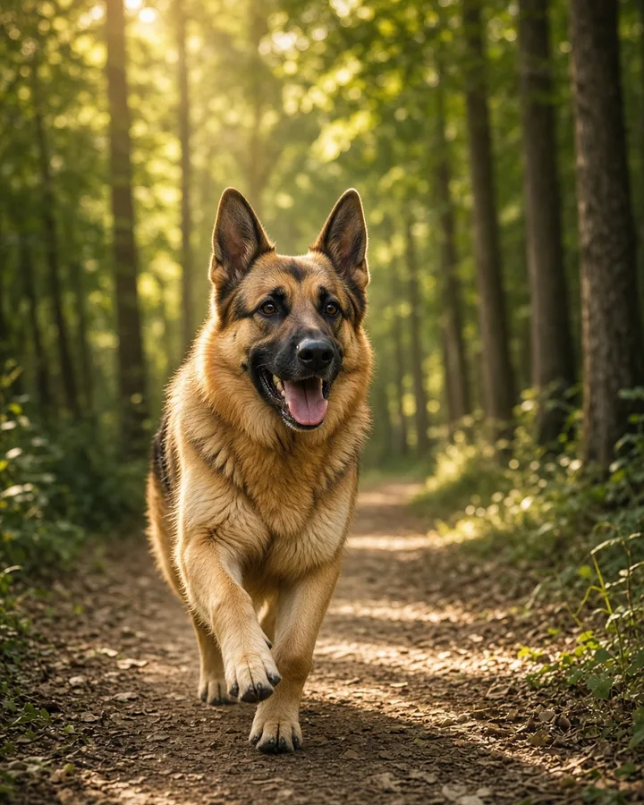 健康的德国牧羊犬在阳光林间小路上奔向镜头